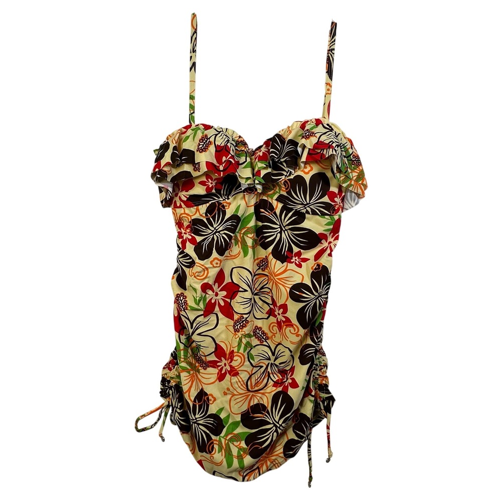 Hapari Gold Coast Cinch Tankini Top Floral Ruffle Yellow Multi Large NWT